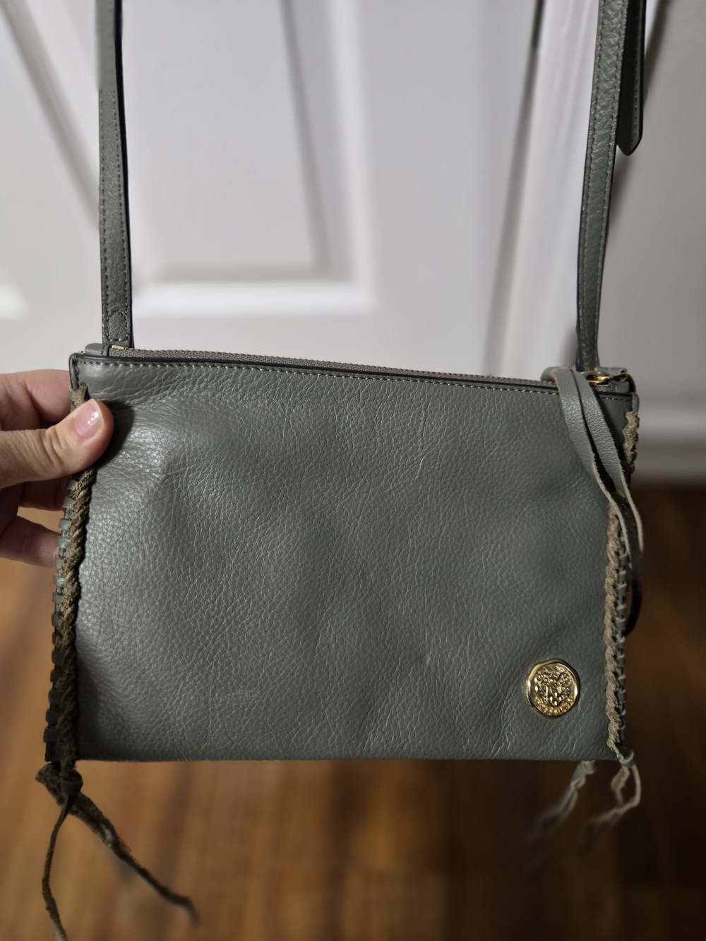 Vince Camuto Gray Leather Crossbody with Gold Medallion